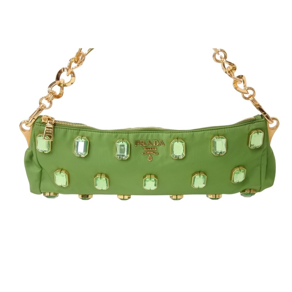 PRADA TESSUTO PIETRE CLUTCH BAG Jeweled Chain Shoulder Green - Picture 2 of 10